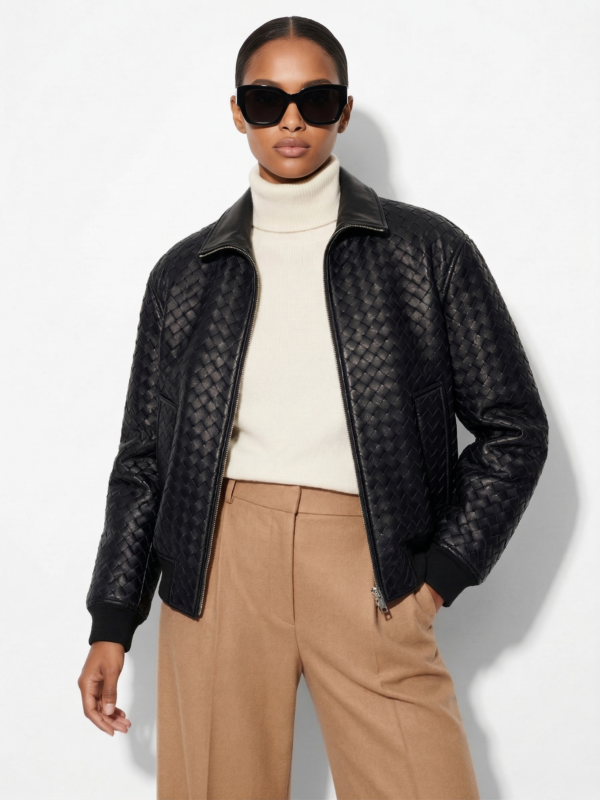 Braided Lambskin Blouson Hand Woven Genuine Leather Women's Bomber Jacket