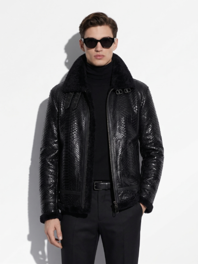 Men's Genuine Python Leather Aviator Jacket: Shearling Fur Lining
