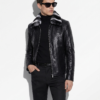 Genuine Python Skin Rex Fur Collar Men's Exotic Leather Luxury Black Jacket