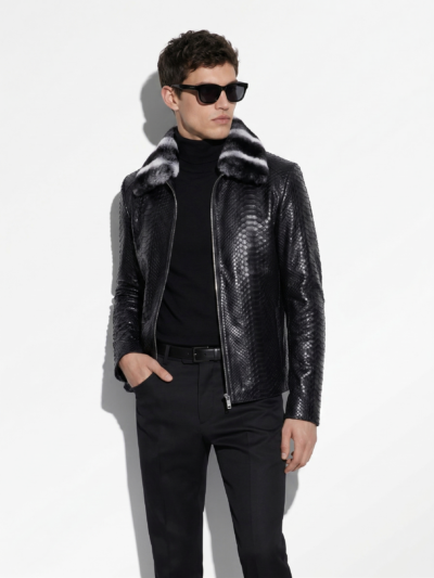 Genuine Python Skin Rex Fur Collar Men's Exotic Leather Luxury Black Jacket