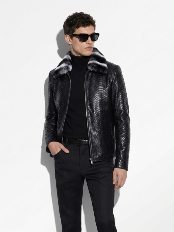 Genuine Python Skin Rex Fur Collar Men's Exotic Leather Luxury Black Jacket