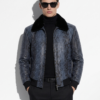 Men's Genuine Python Skin Removable Mink Fur Collar Blue Exotic Leather Jacket