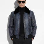 Men's Genuine Python Skin Removable Mink Fur Collar Blue Exotic Leather Jacket