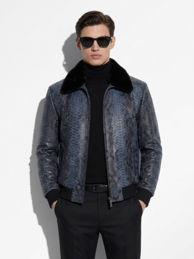 Men's Genuine Python Skin Removable Mink Fur Collar Blue Exotic Leather Jacket