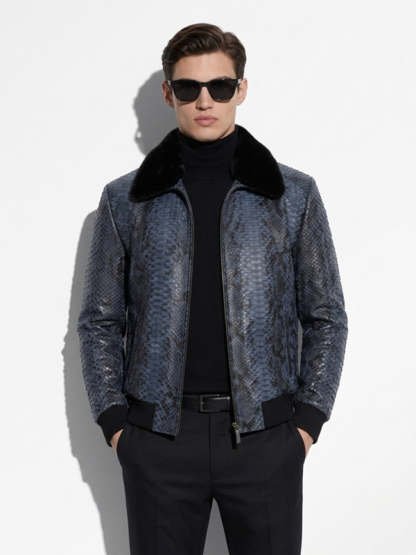 Men's Genuine Python Skin Removable Mink Fur Collar Blue Exotic Leather Jacket
