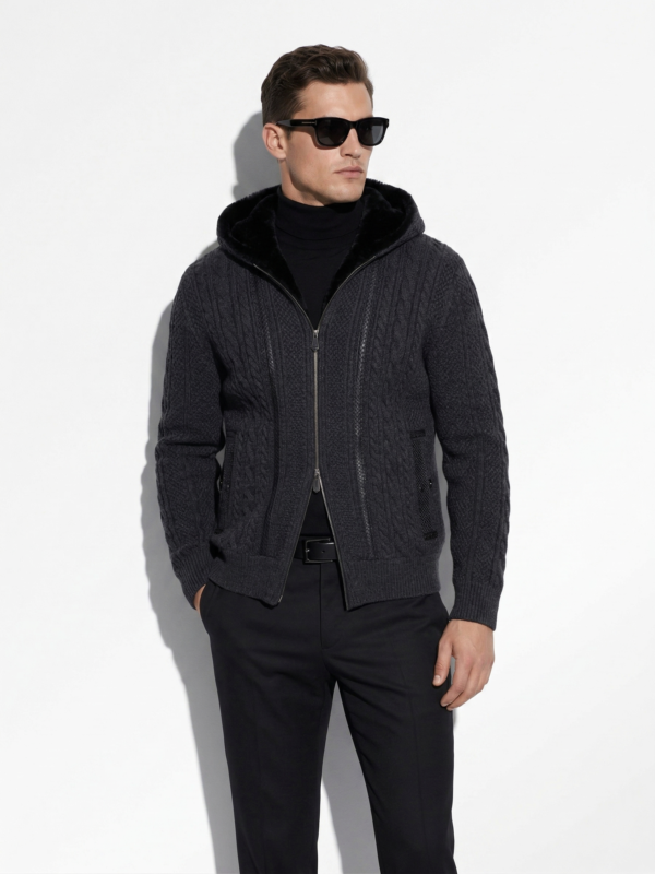 Merino Sheep Fur Lined Wool Cardigan: Python Leather Trim