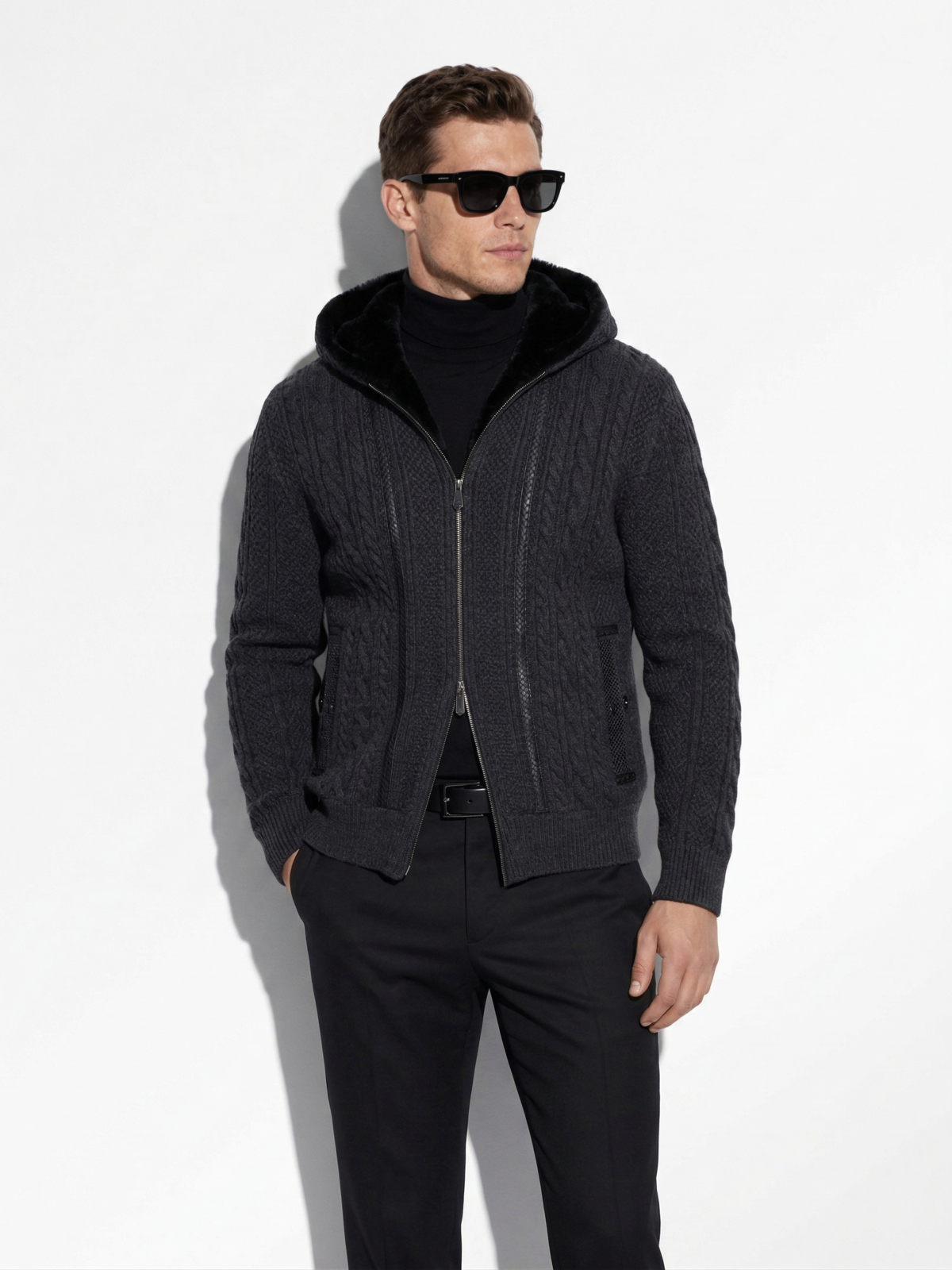 Merino Fur-Lined Wool Cardigan with Python Trim