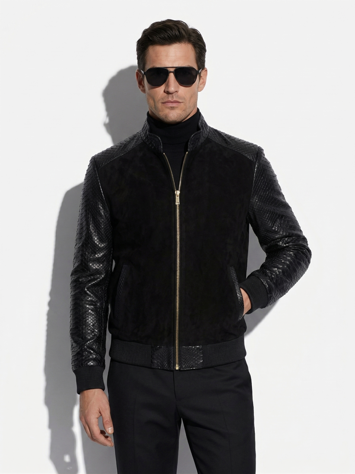 Black Suede Jacket with Python Sleeves