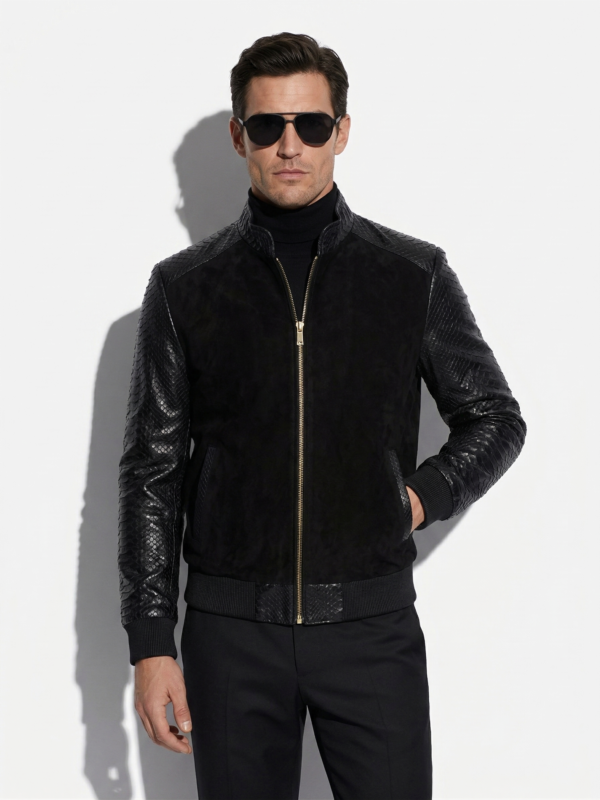 Men's Black Suede Jacket with Genuine Python Leather Sleeves