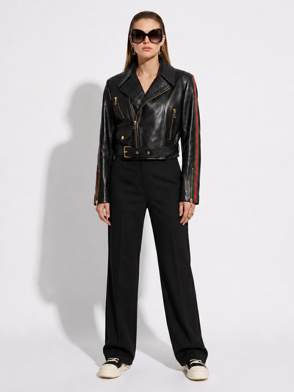 Lambskin Biker Jacket with Python Trim