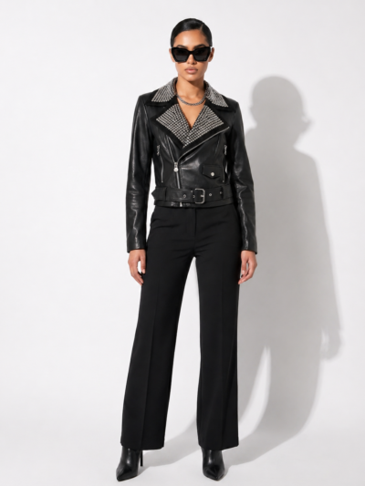 Black Suede Biker Jacket with Crystal Embellishment