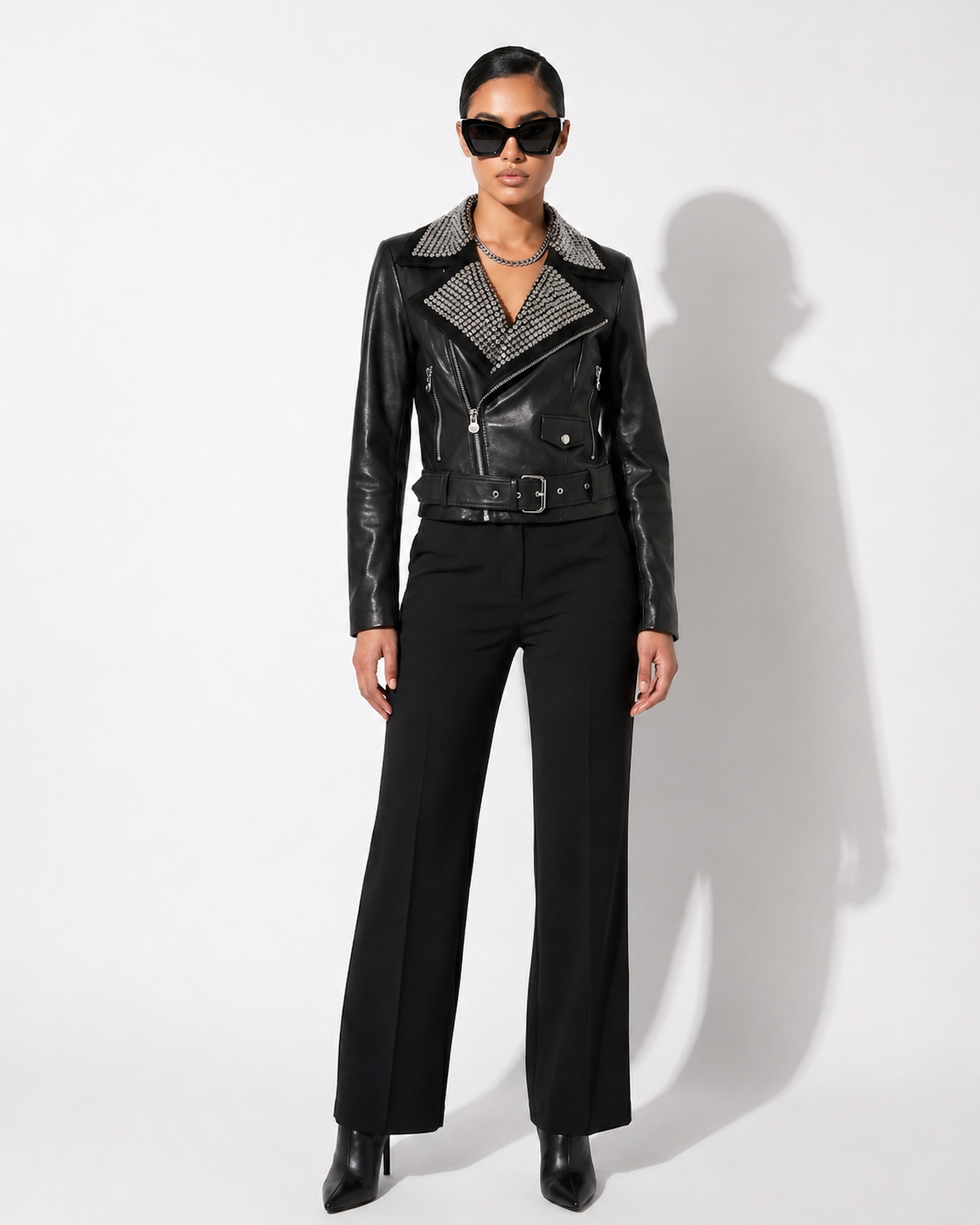 Black Suede Biker Jacket with Crystal Embellishment