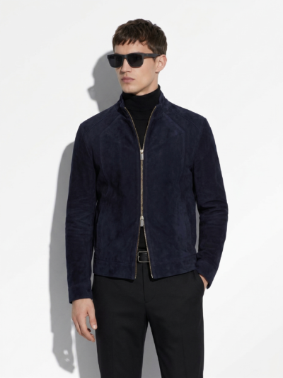 Metis Suede Genuine Leather Men's Luxury Navy Blue Bespoke Jacket