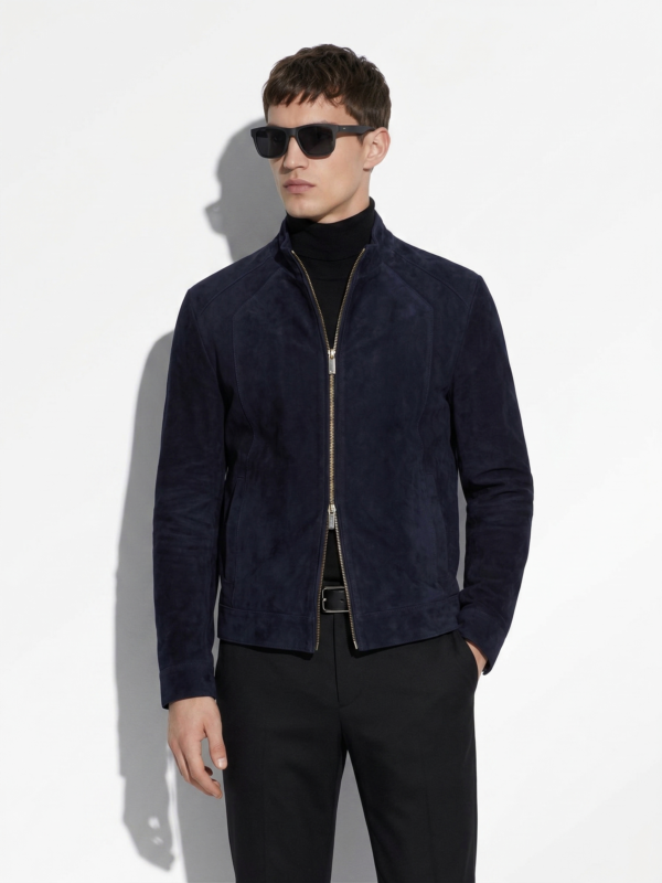 Metis Suede Genuine Leather Men's Luxury Navy Blue Bespoke Jacket