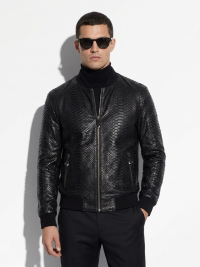 Men's Genuine Python Leather Made To Measure Handmade Black Bomber Jacket