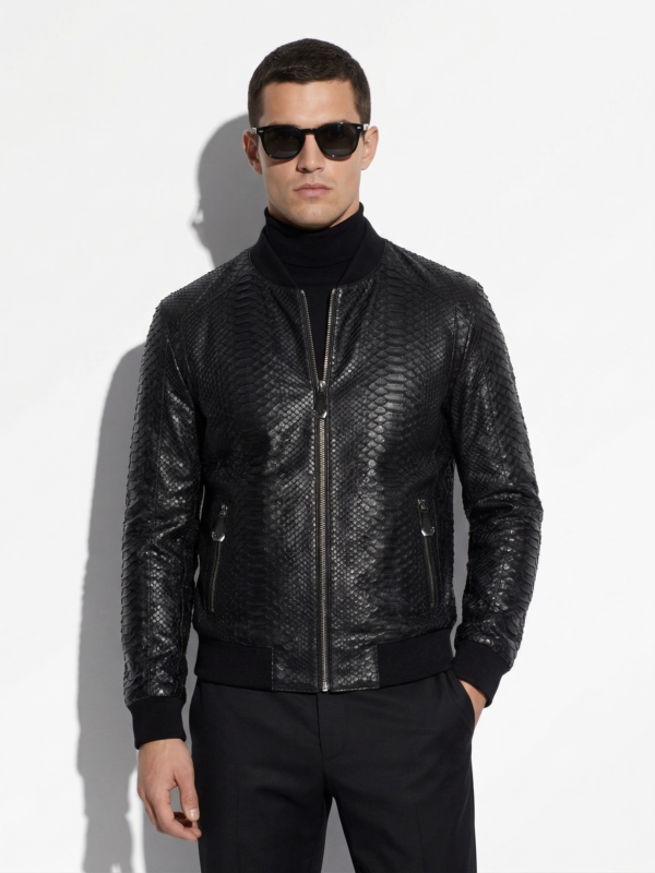 Men's Genuine Python Leather Made To Measure Handmade Black Bomber Jacket