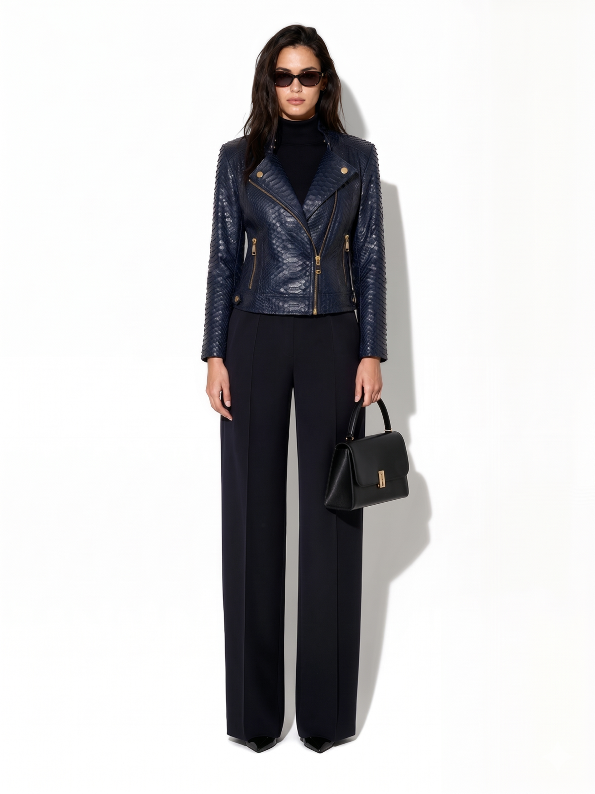 383 Navy Python Moto Jacket with Gold Hardware