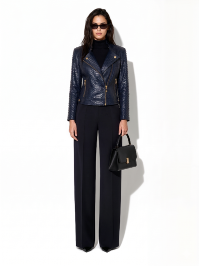 Navy Python Moto Jacket with Gold Hardware