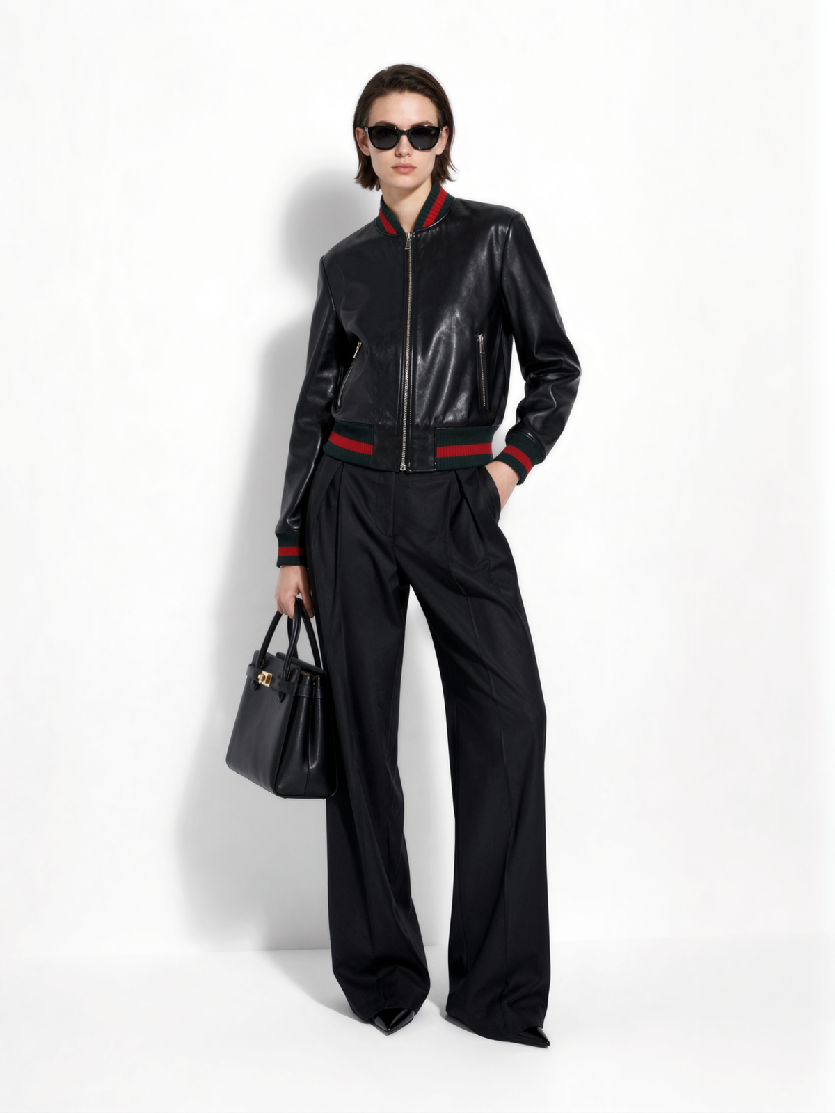 385 Leather Bomber Jacket with Stripe Trim