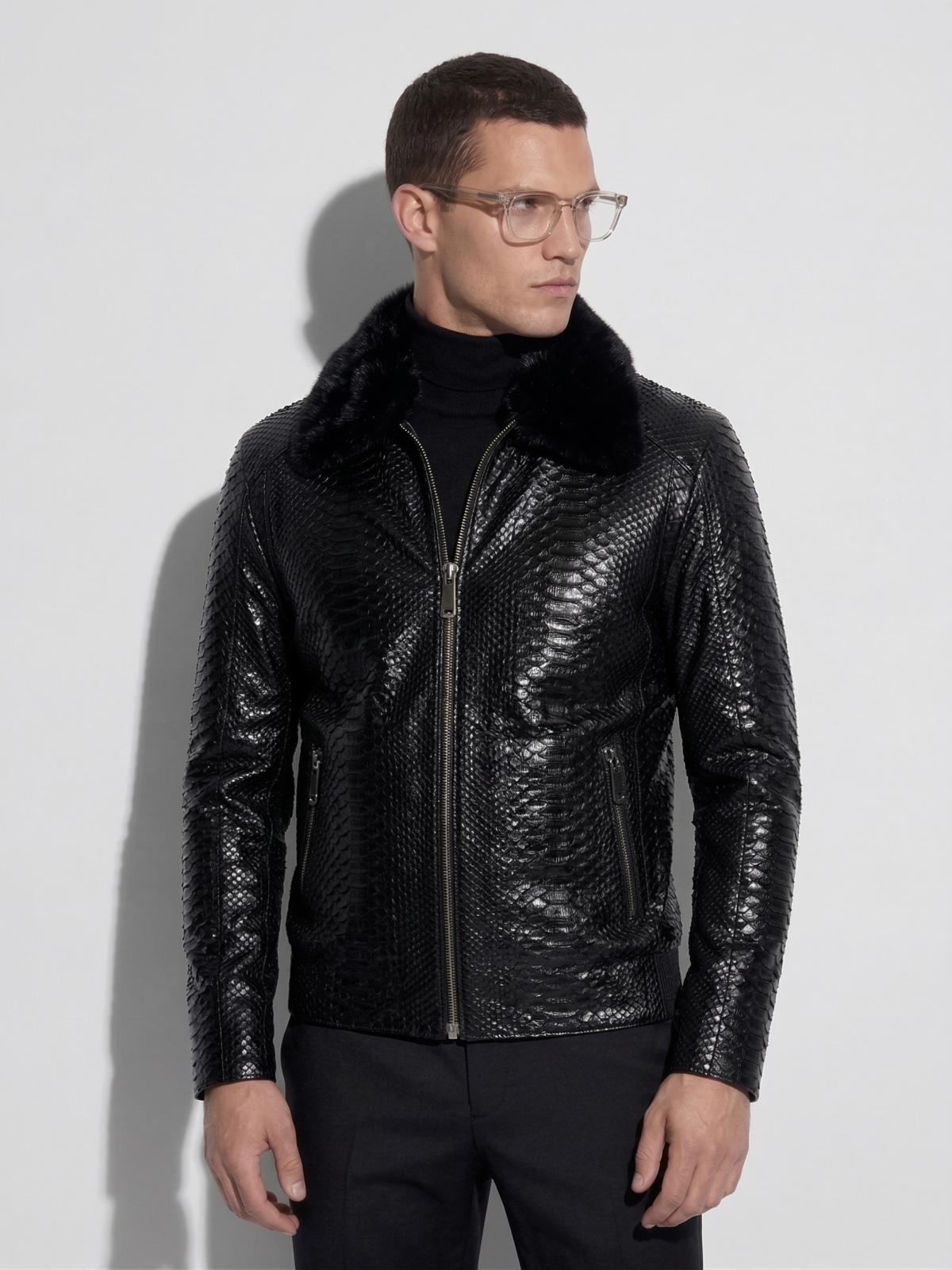 Black Python Jacket with Mink Collar