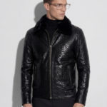 Men's Black Python Leather Removable Mink Fur Collar Exotic Snake Skin Jacket