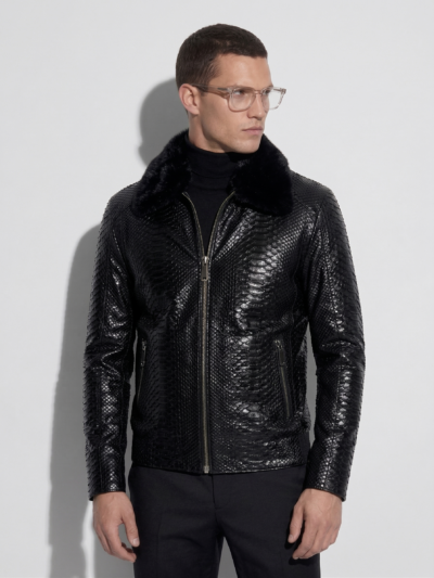 Men's Black Python Leather Removable Mink Fur Collar Exotic Snake Skin Jacket