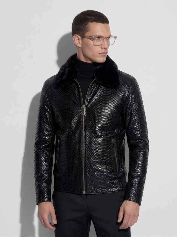 Men's Black Python Leather Removable Mink Fur Collar Exotic Snake Skin Jacket