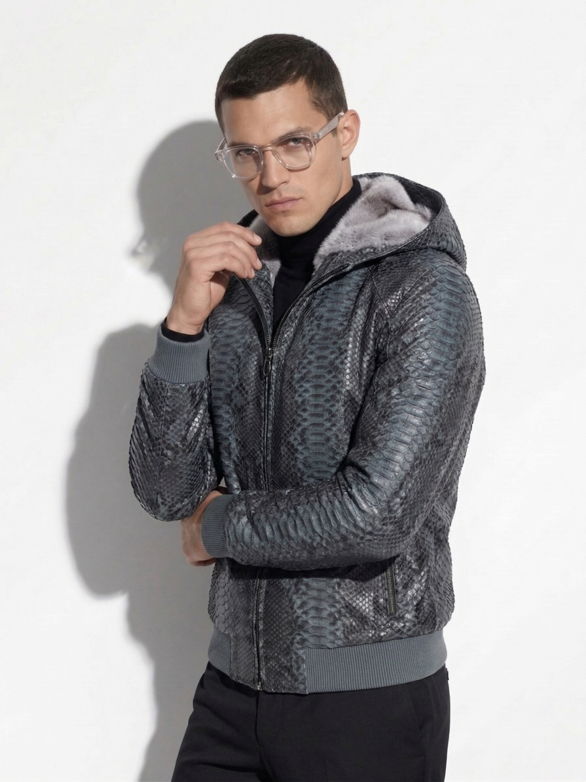 Grey Python Hoodie Jacket with Rex Rabbit Lining