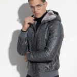 Genuine Python Leather Removable Real Rex Fur Lining Men's Grey Hoodie Jacket