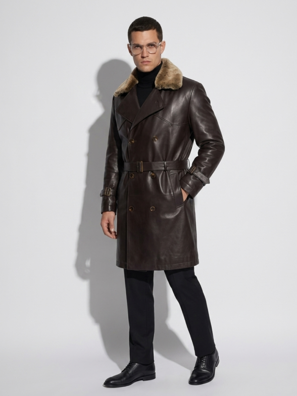 Men's Lambskin Leather Trench Coat: Shearling Fur Collar
