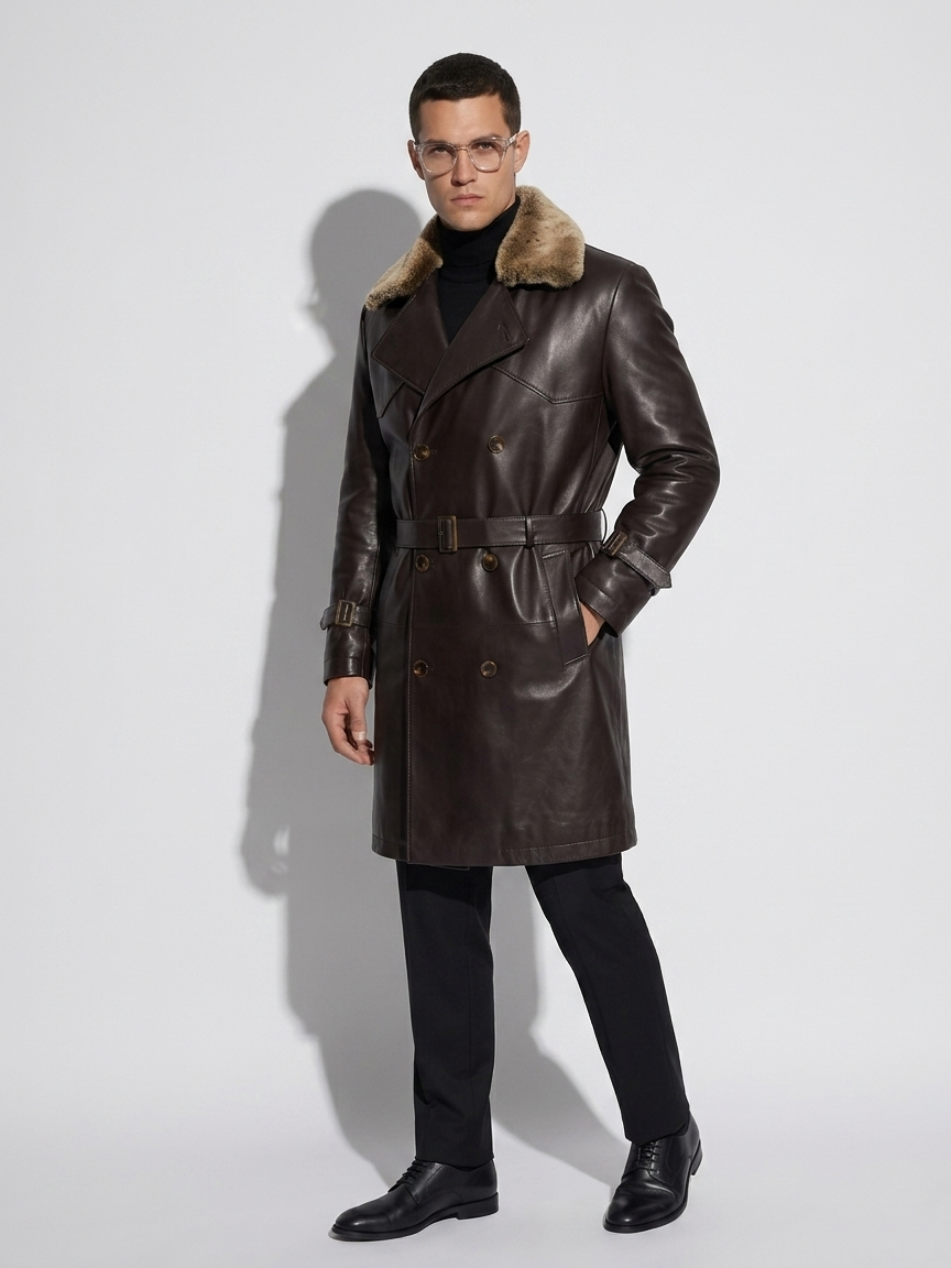 Leather Trench Coat with Fur Collar