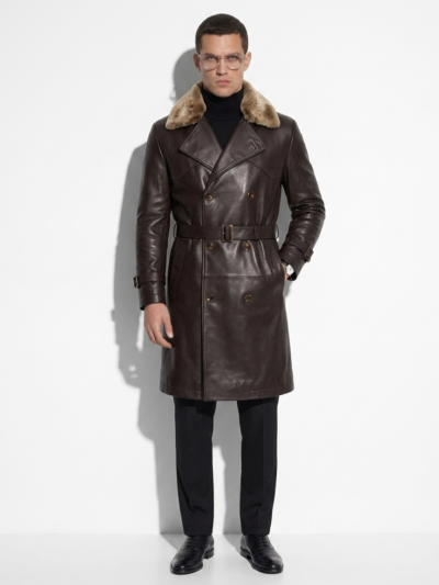 Men's Lambskin Leather Trench Coat: Shearling Fur Collar