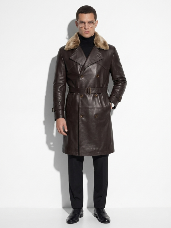 Men's Lambskin Leather Trench Coat: Shearling Fur Collar