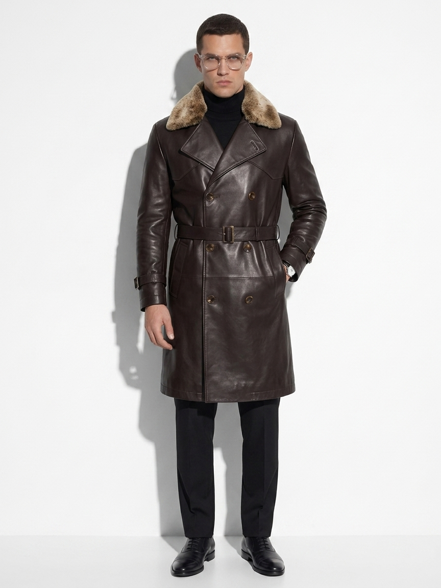 Leather Trench Coat with Fur Collar