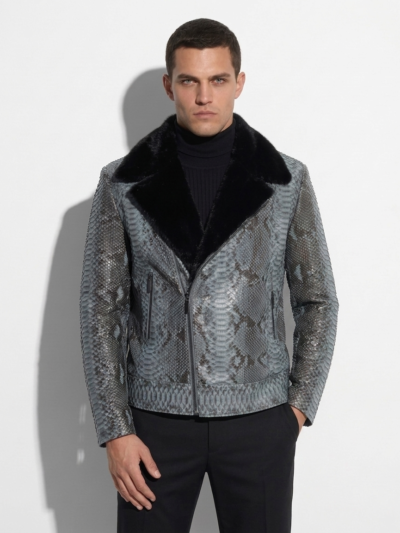 Genuine Python Leather Mink Fur Collar Men's Grey Luxury Biker Jacket