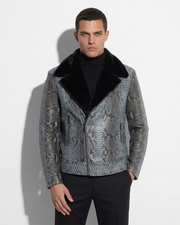 Genuine Python Leather Mink Fur Collar Men's Grey Luxury Biker Jacket