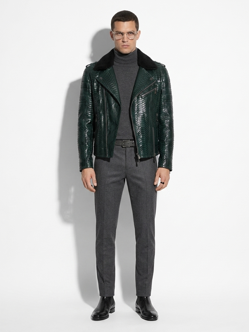 Green Python Biker Jacket with Sheep Fur Collar