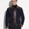 Men's Brown Real Python Trim Genuine Leather Navy Blue Metis Suede Jacket