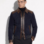 Men's Brown Real Python Trim Genuine Leather Navy Blue Metis Suede Jacket