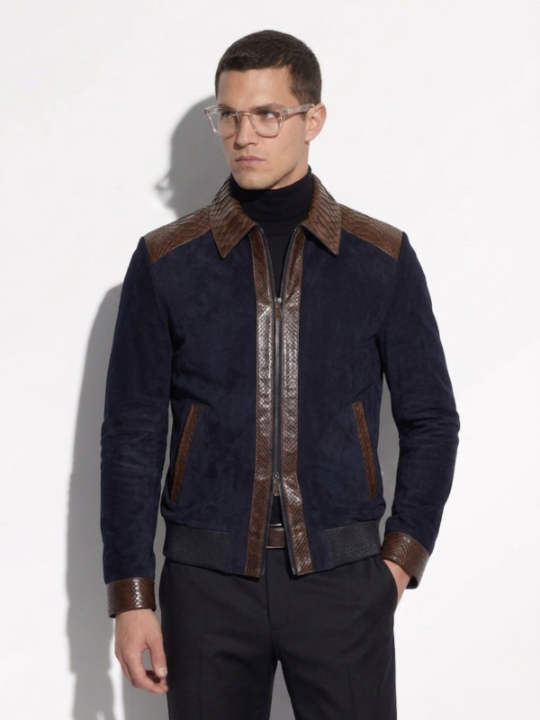 Men's Brown Real Python Trim Genuine Leather Navy Blue Metis Suede Jacket