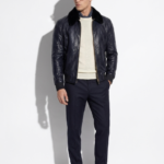 Men's Navy Blue Python Leather Detachable Mink Fur Collar Handmade Jacket