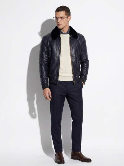 Men's Navy Blue Python Leather Detachable Mink Fur Collar Handmade Jacket