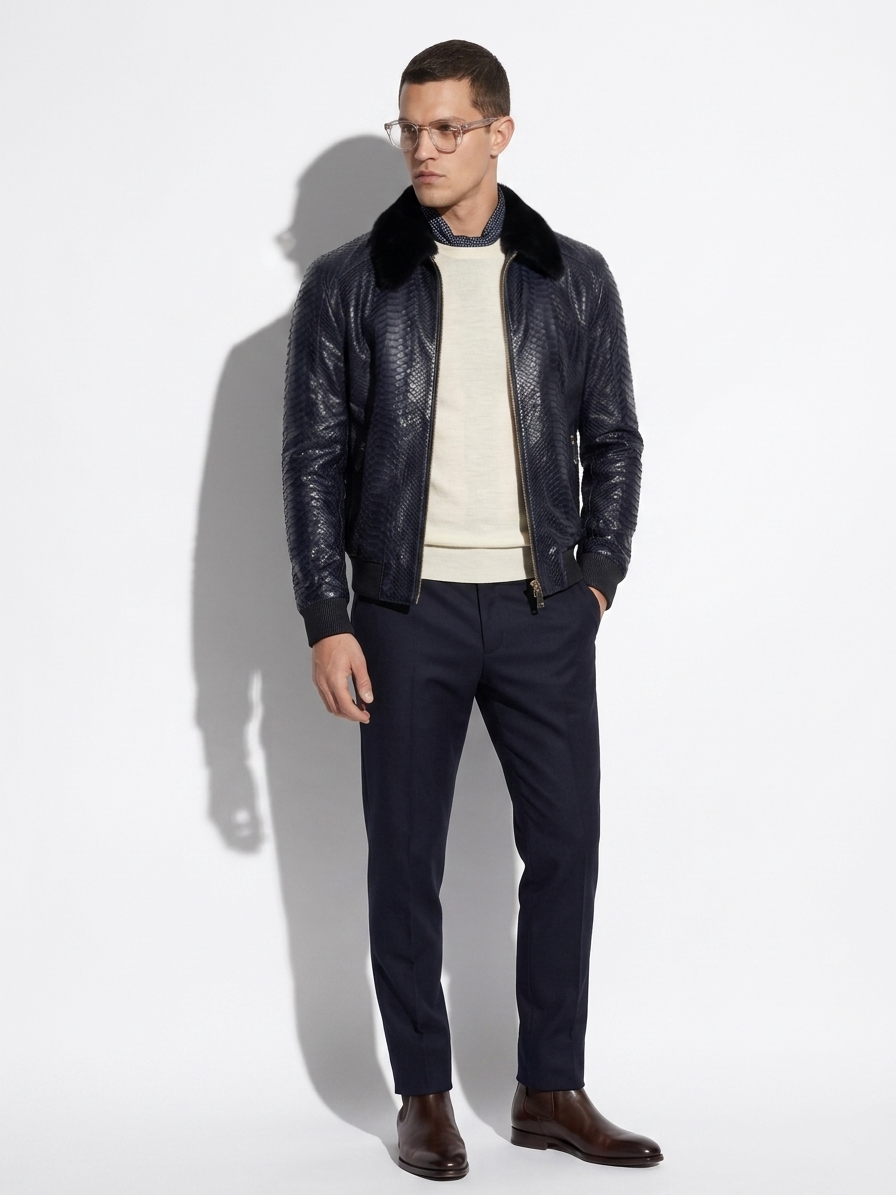 Navy Python Jacket with Mink Collar