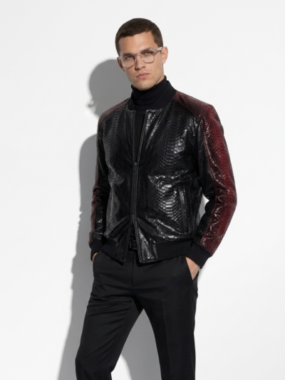 Men's Genuine Python Leather Black Red Bespoke Luxury Bomber Jacket