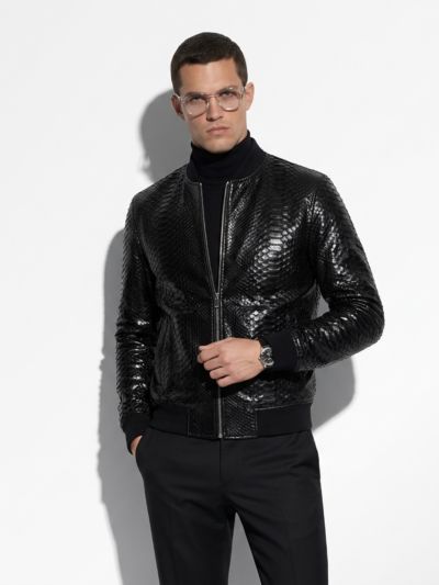 Men's Genuine Python Leather Made To Measure Bespoke Black Bomber Jacket