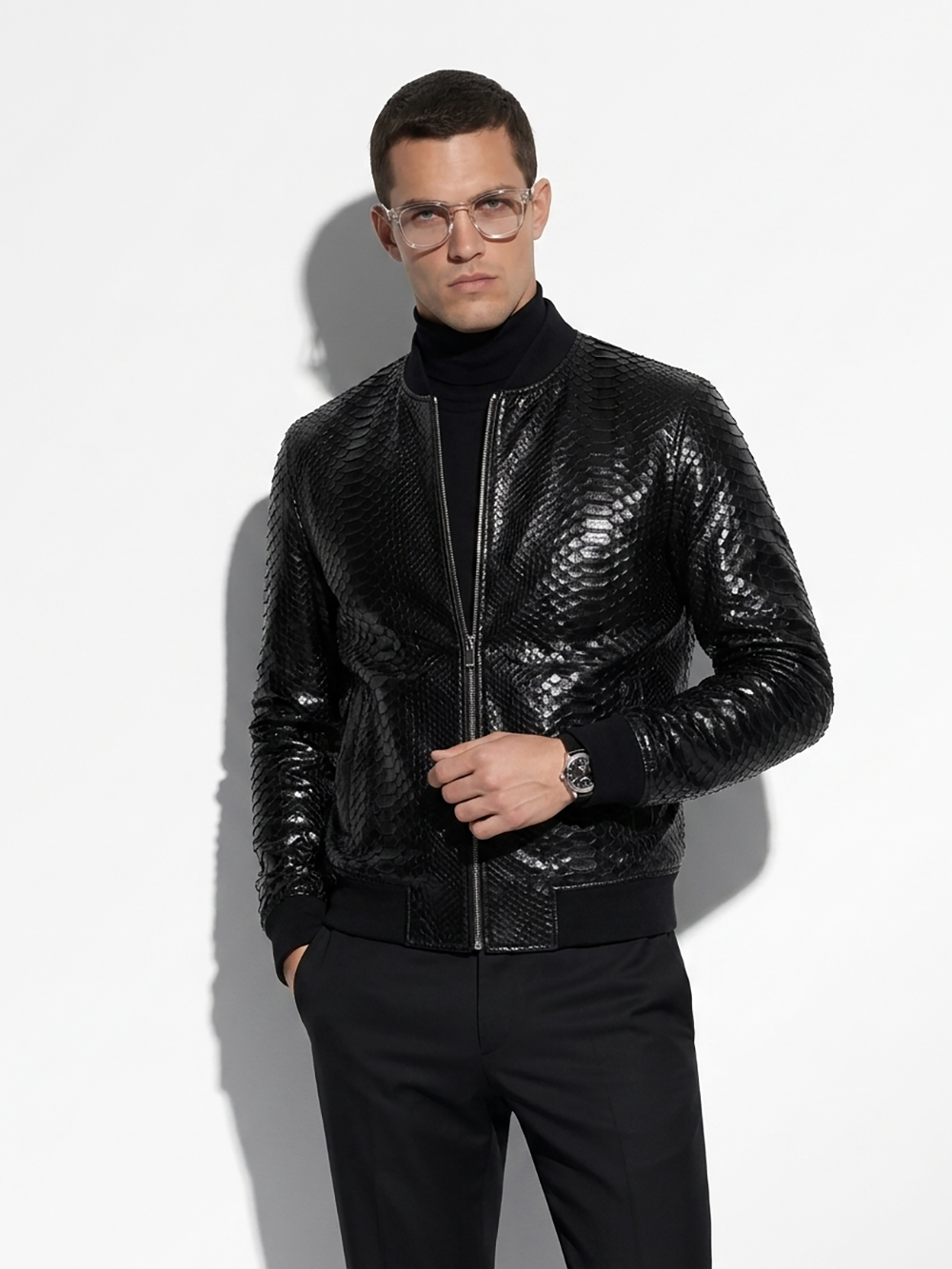 Black Python Bomber Jacket with Ribbed Hem