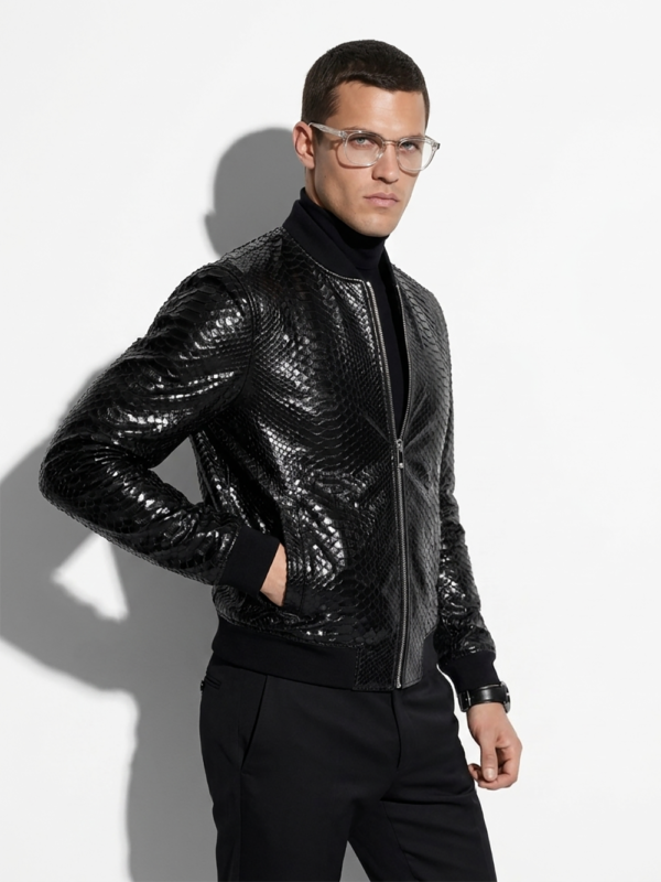 Men's Genuine Python Leather Made To Measure Bespoke Black Bomber Jacket