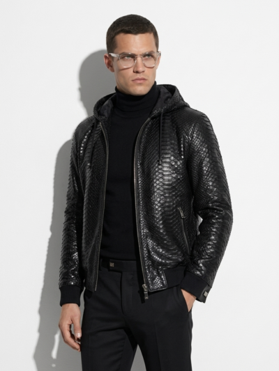 Men's Genuine Python Leather Luxury Snake Skin Exotic Hoodie Jacket