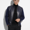 Genuine Python Leather Wool Men's Luxury Navy Blue Black Cardigan