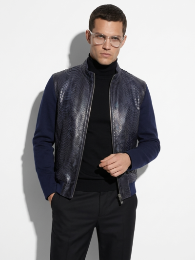Genuine Python Leather Wool Men's Luxury Navy Blue Black Cardigan